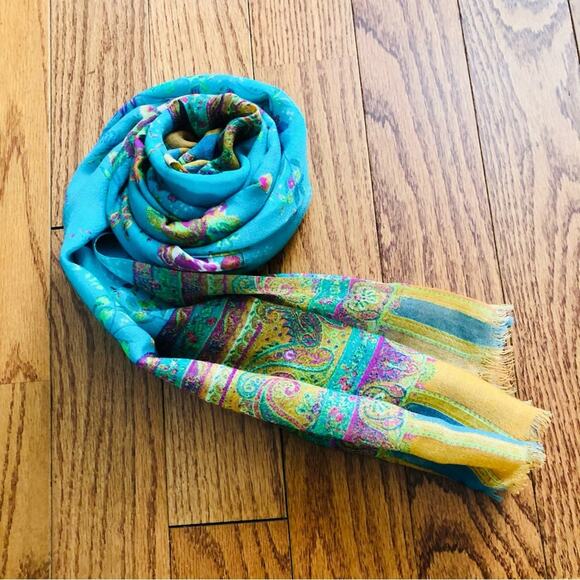 Anthropologie Moksha Wool Floral Paisley Rectangular Turquoise Scarf - Picture 7 of 8